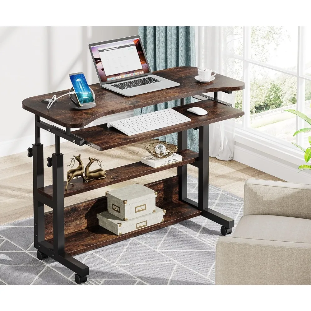 Height Adjustable Side Table Sofa Couch Bedside Laptop Computer Cart with USB Charging Ports and Keyboard Tray, Portable Desk