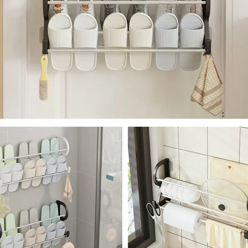 Wall Mounted Shoe Rack Simple Bathroom Slipper Rack Multi-functional Nail Free Kitchen Rack Hole Free Door Back Shoe Rack