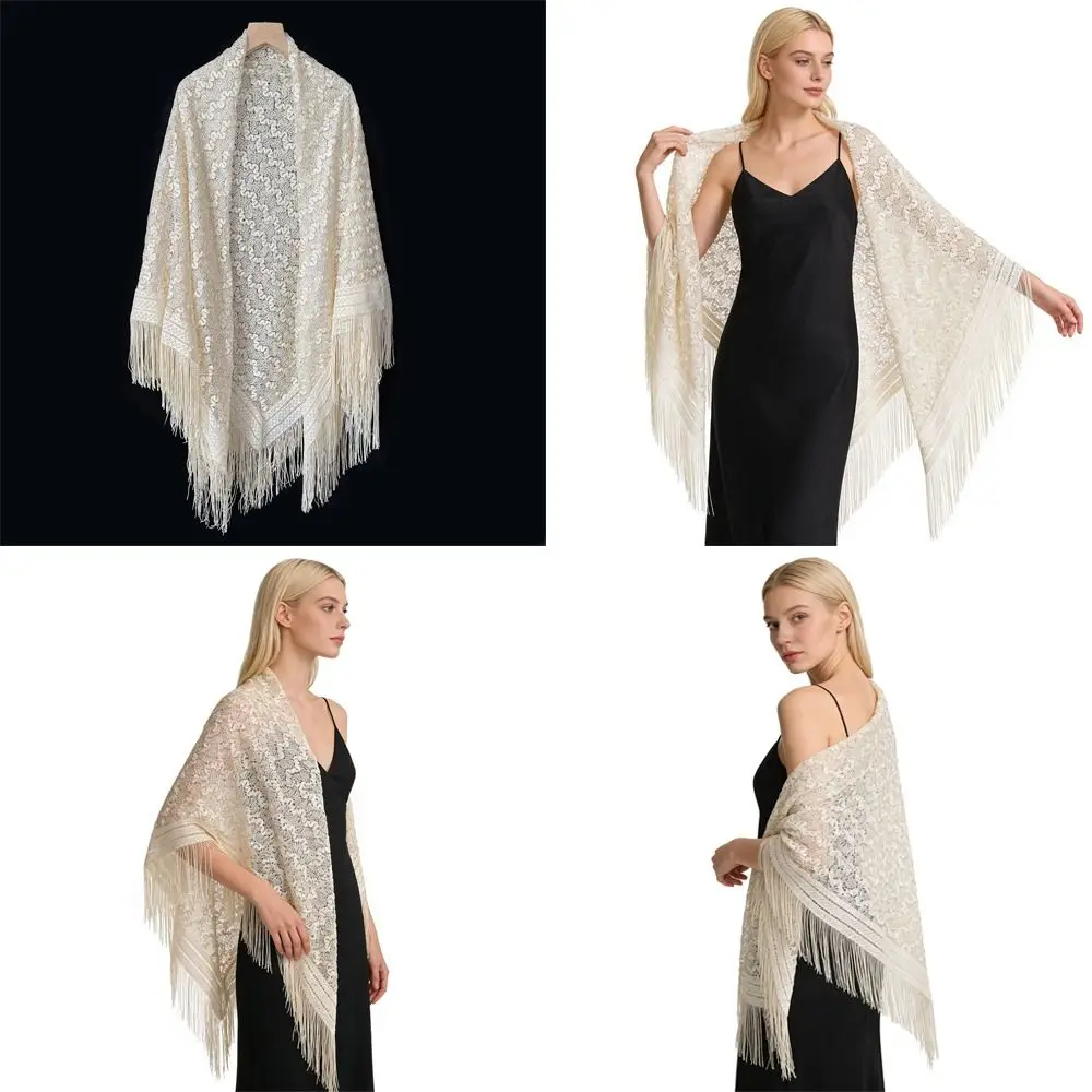 

Универсальная кружевная шаль 140×140 см с ажурным узором, элегантная шаль с бахромой, дышащая шаль для вечерних платьев для женщин