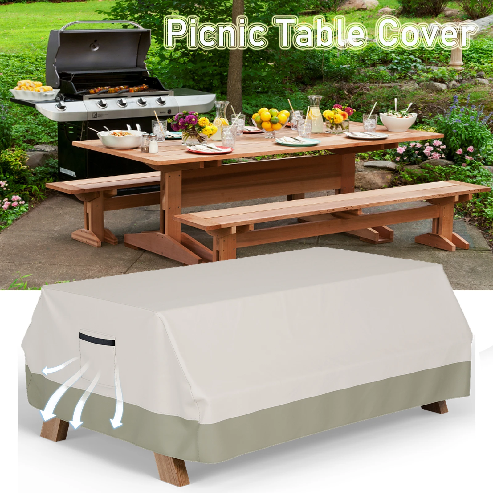 600D Outdoor Picnic Table Cover Waterproof Heavy Duty Table Bench Seat Cover Anti-UV Outdoor Patio Table Bench Covers black