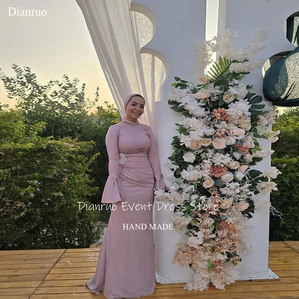 Dianruo فساتين سهرة بأكمام واسعة وردية على شكل حرف A فساتين حفلات أنيقة من الساتان برقبة دائرية فستان حفلات الزفاف العربي السعودي حسب الطلب