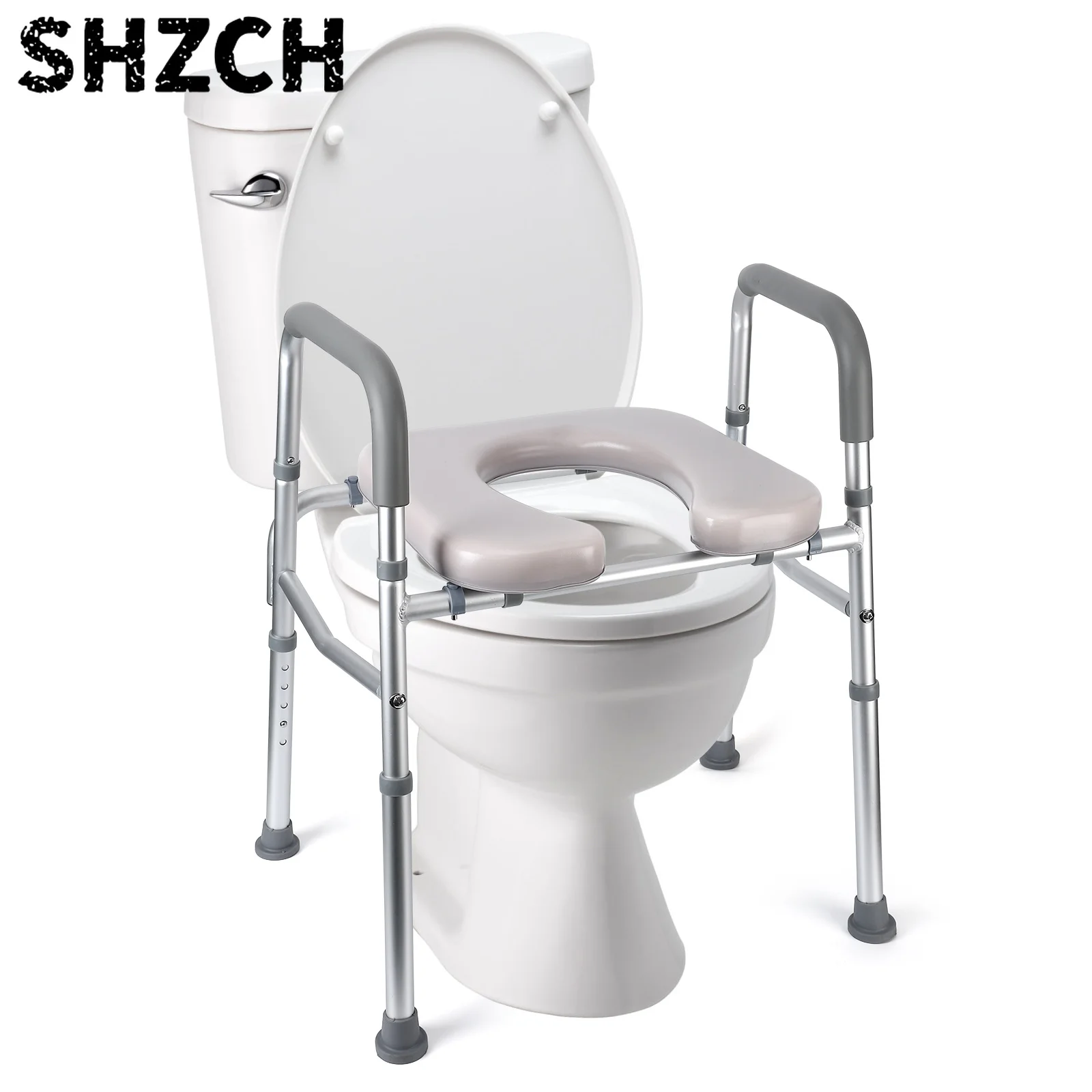 Raised Toilet Seat, 350LB Homecare Commode Bathroom Assist Frame for Elderly Handicapped Disabled Adjustable Height, Padded Seat