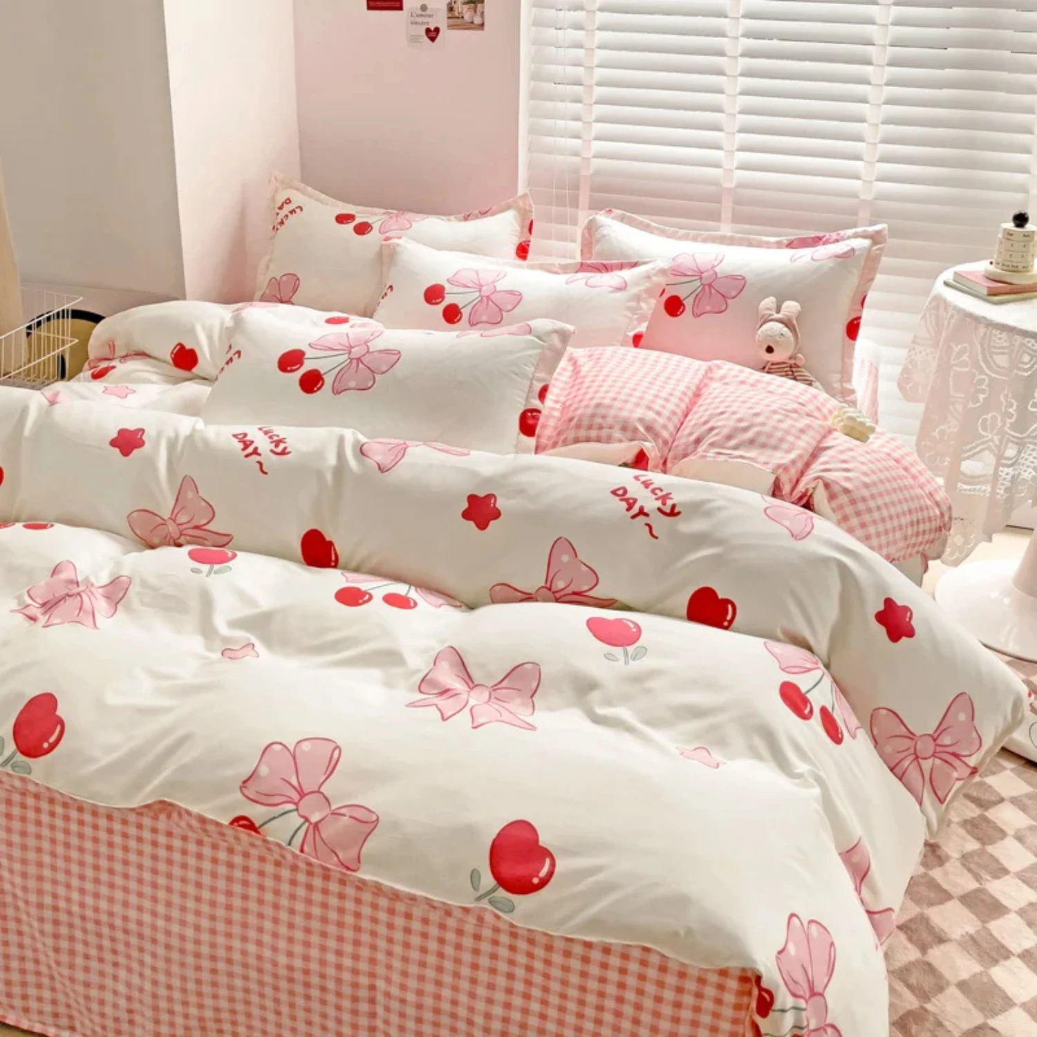 

Princess Style Bedding Set Twin Queen Full Size Duvet Cover Bed Flat Sheet Pillowcase Adult Girls Pink Bow Knot Bed Linen