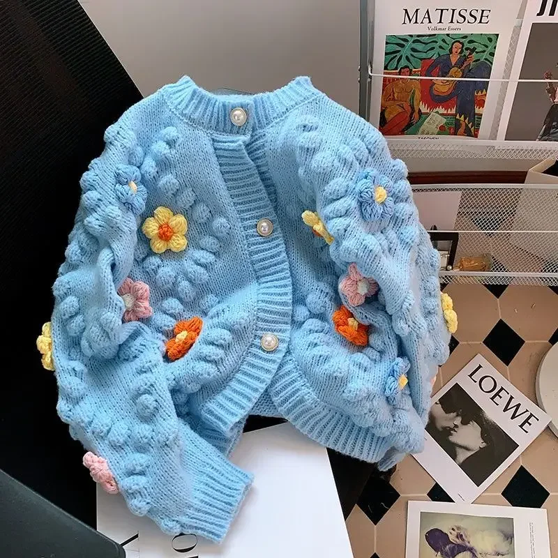 Suéter Kawaii con bordado de flores en 3D para mujer, cárdigan de punto de manga larga con un solo pecho, suéter de Color contrastante, otoño 2024