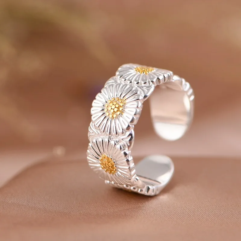 BOCAI   NEW  S925 Silver Personalized Fashion Gold Daisy Flower Wide Plate Ring Female Gift