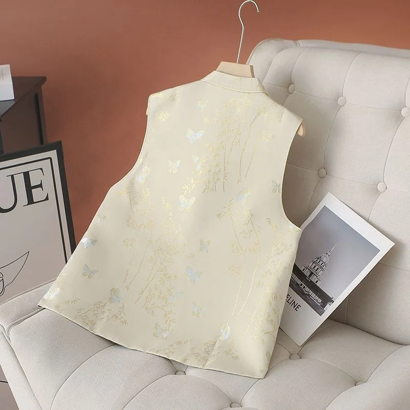Estilo chinês feminino sem mangas colete bordado flor jaqueta feminina verão novo decote em v lantejoulas feminino colete casaco