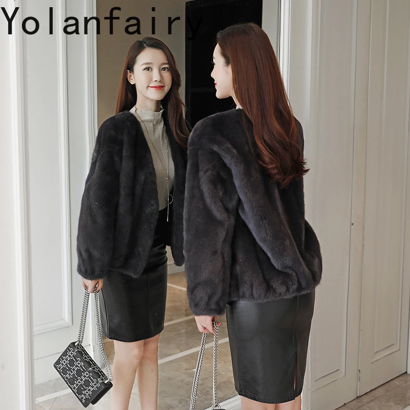 YOLANFAIRY معطف فرو طبيعي قصير امرأة المنك سترة الشتاء موضة الخامس الرقبة عالية الجودة معاطف وسترات فرو المنك كاملة Casacos