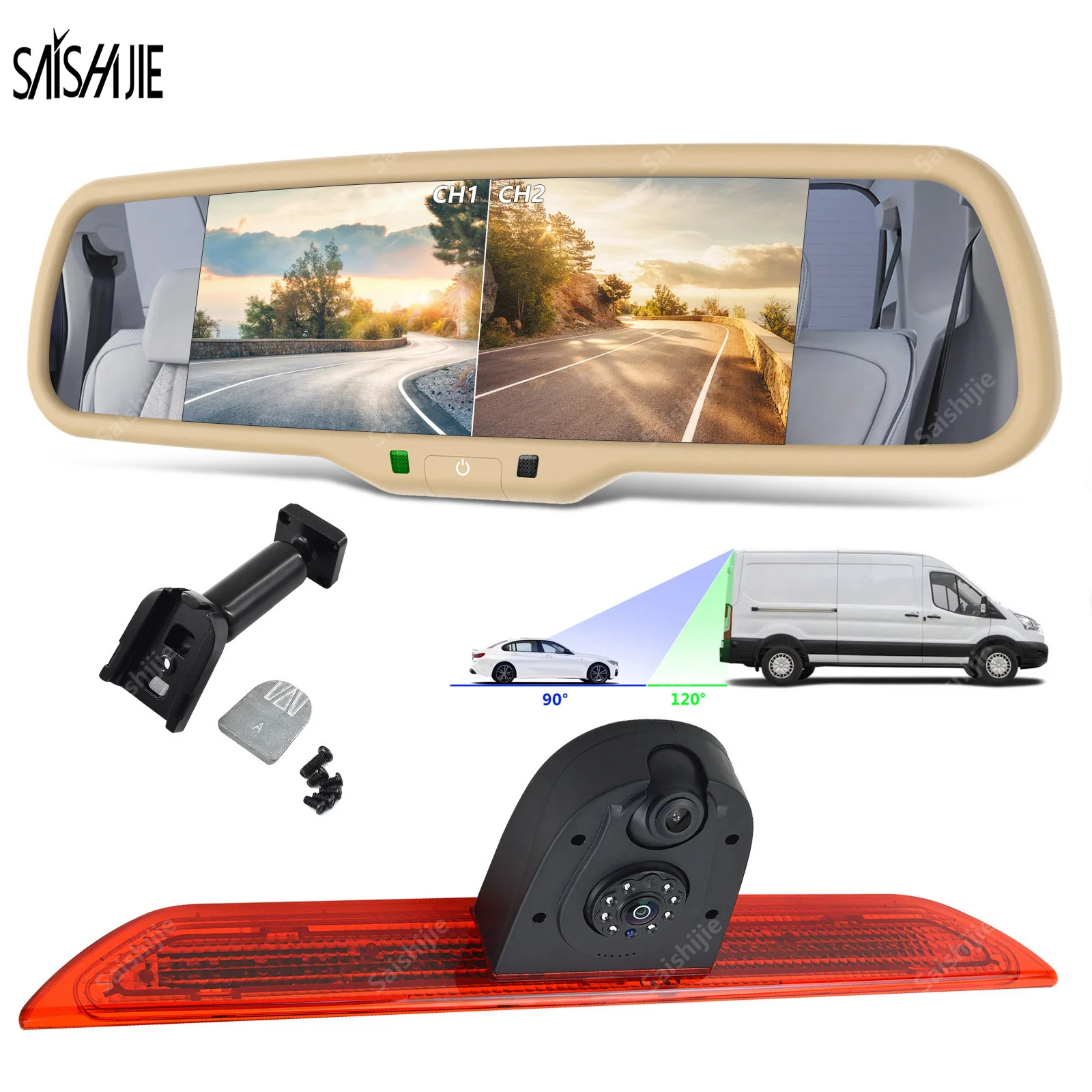 

Dual Lens Brake Light Reversing Camera for Ford Transit 2014-2018 Van Rear View Camera with 6.86" Screen 2 Split Mirror Monitor