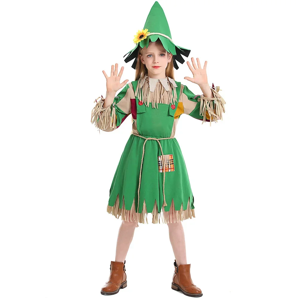 Halloween Children's Costume Green Fake Two Girl Witch Dress With Flower Patch Puppet Doll Costume