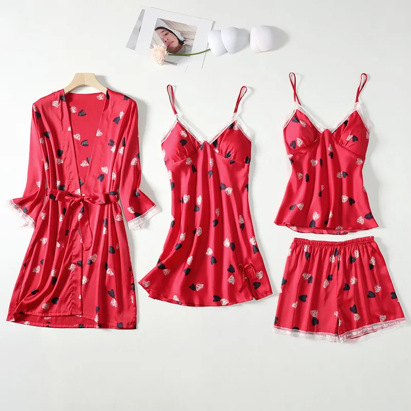 

Pajamas Set Women Nightgown Summer Print Sweet Heart Bathrobe Pyjamas Suit Lingerie Sexy Casual Satin Home Wear Loungewear