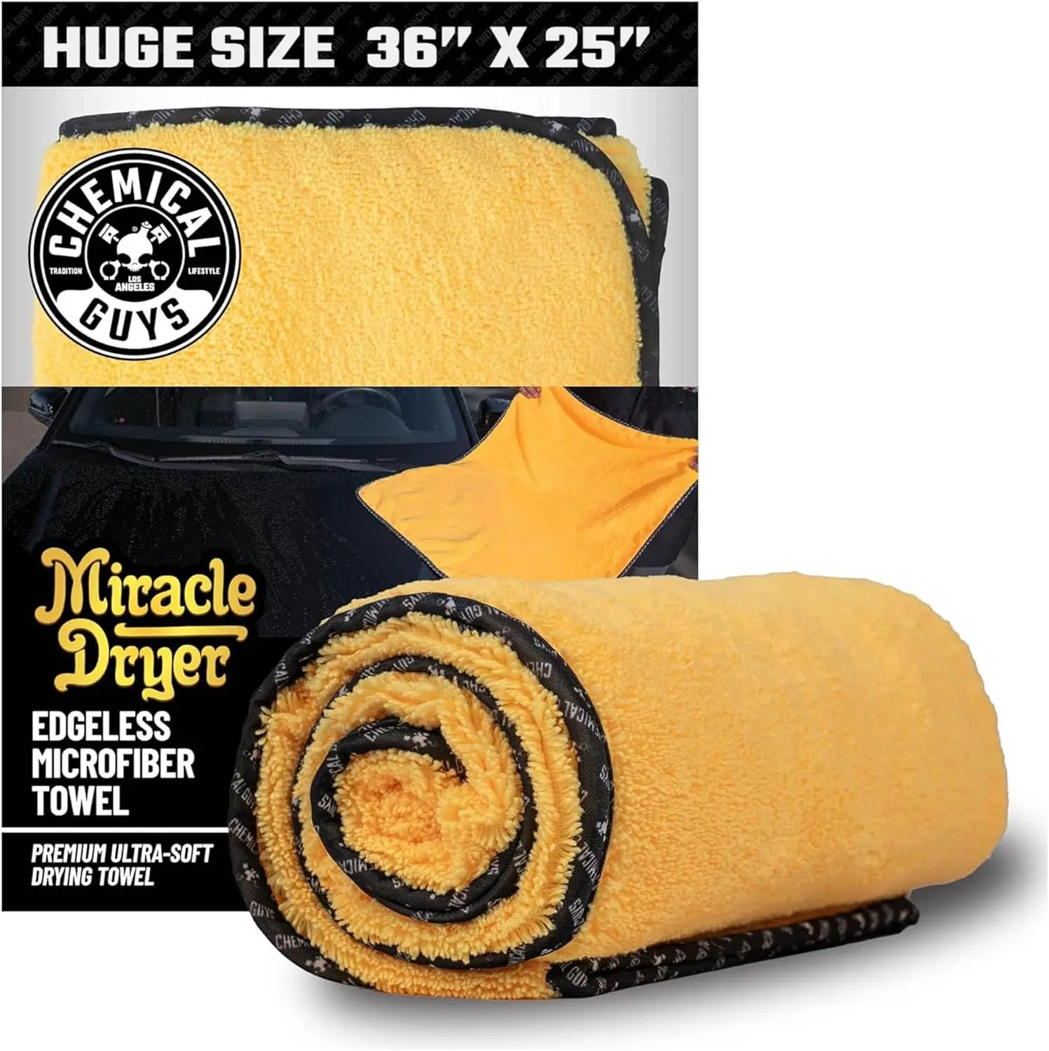 

Large Microfiber Drying Towel for Cars, Trucks, SUVs, RVs & Motorcycles - 36x25 Inch Yellow Absorbent Exterior Towel