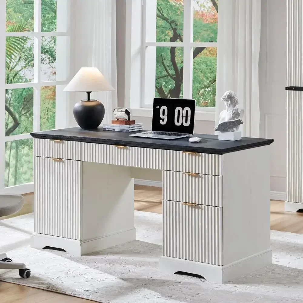 58 Inch Antique White Wooden Executive Desk with Storage, 5 Drawers and 1 Cabinet, Suitable for Home Office, Study, Living Room,