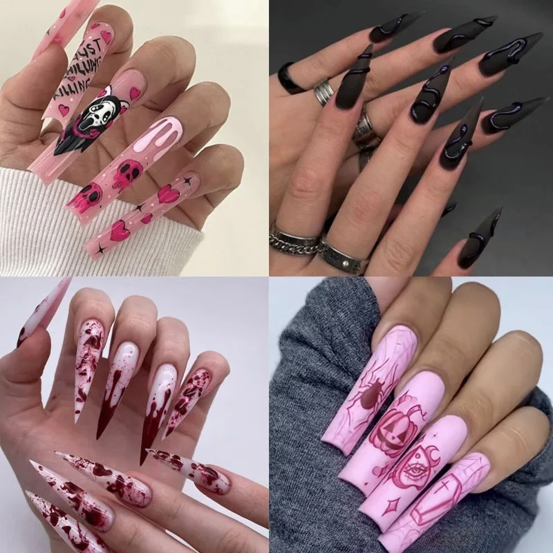 

24PCS Halloween Wearing Armor 3D Stereoscopic Long Nail Art Fake Nails Skull Pumpkin Long Blood Drop Nail Slices Press On Nails