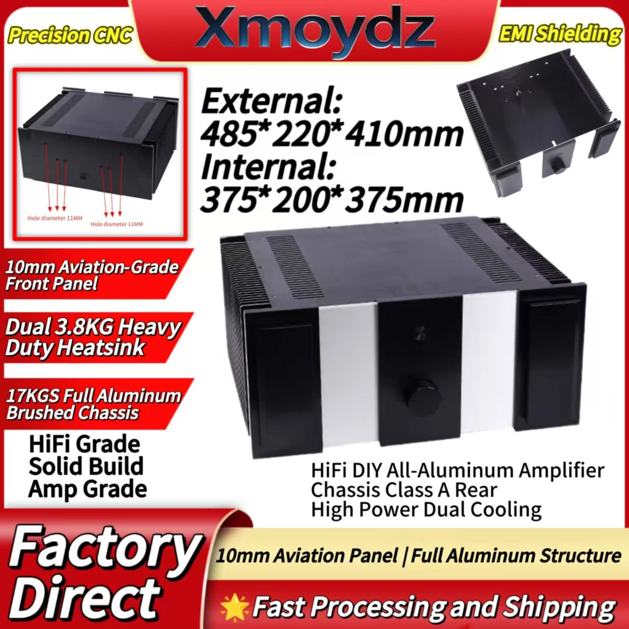 

Корпус для Hi-Fi усилителя DIY из алюминия, 485*220*410 мм, класс A, задняя панель, высокая мощность, двойное охлаждение, внутренний размер 375*200*375 мм