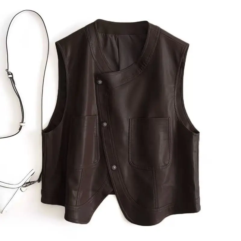Korean Style Retro Short PU Leather Motorcycle Jacket Sleeveless Vest Tank Top Women's Fashion Autumn Wear Inner Match Pure C...