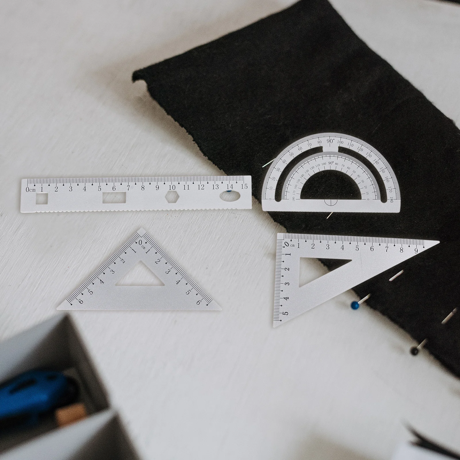 4pcs Metal Ruler Set Geometry Tools For Students With Straight Ruler Triangle Plate Protractor School Stationery