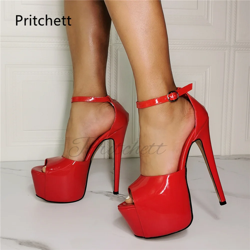 

Red Patent Leather Peep Toe Sandals for Women Platform Buckle Strap High Heeled Summer Evening Party Shoes Stiletto Sandals