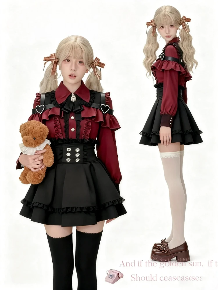 Japońskie kawaii zestawy spódniczek dwuczęściowych, jesienne, codzienne, w stylu vintage, crop topy Y2k, bluzki + mini spódniczki, vintage lolita, komplety sukienek.