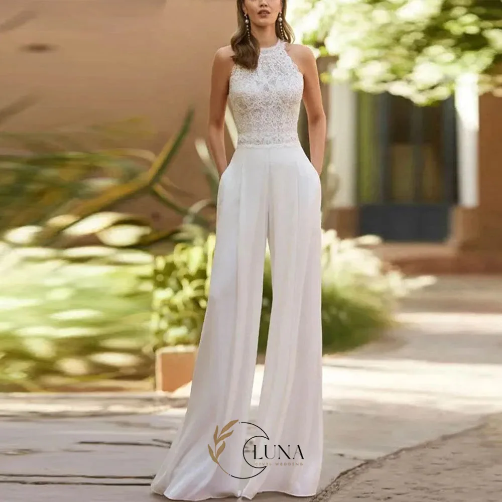 Luna Spring Jumpsuit Wedding Dresses Lace Pants Suit Bridal Gowns with Trousers Bride Dress Sleeveless Wedding Gowns Customized
