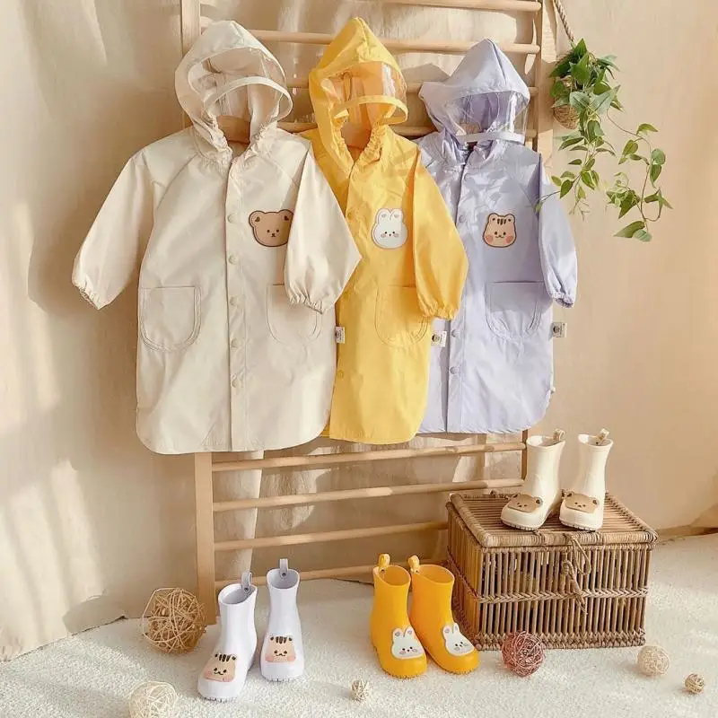 Baby Raincoat with Hat Cartoon Kindergarten Boys Girls Primary Kids Full Body Waterproof Coat Korean Children Rain Coat