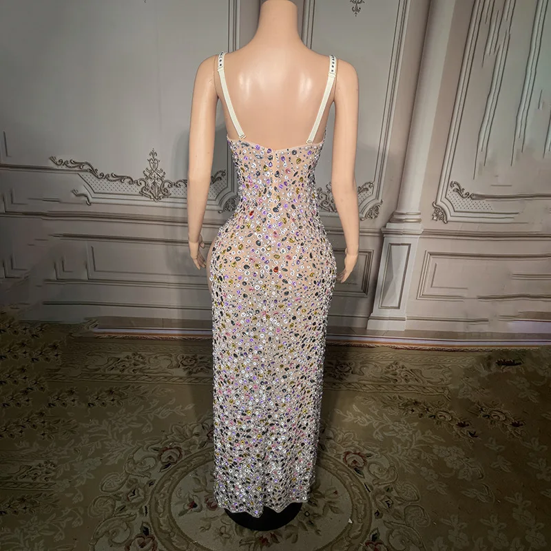 Diamond Suspender Dress Nightclub Bar Singer Costume Model Catwalk Banquet Party Birthday Vestidos Largos Elegantes Fiesta Mujer