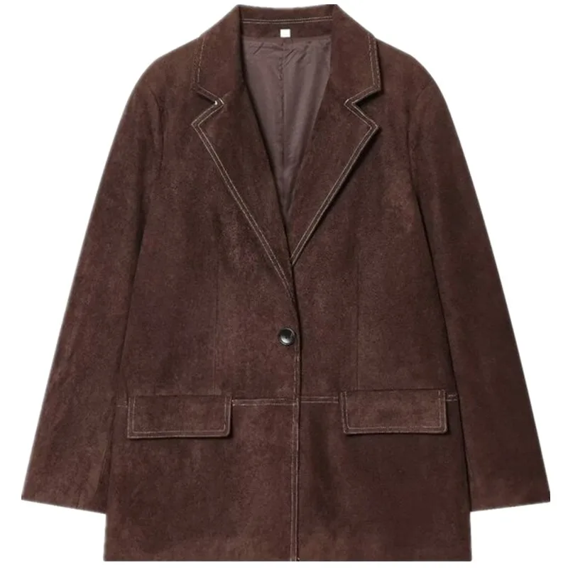 2025 Herfst Nieuwe Collectie vrouwen Commuter Rechte Been Lederen Pak Jaet Lange Sve Casual Sle Platte Kraag Faionable