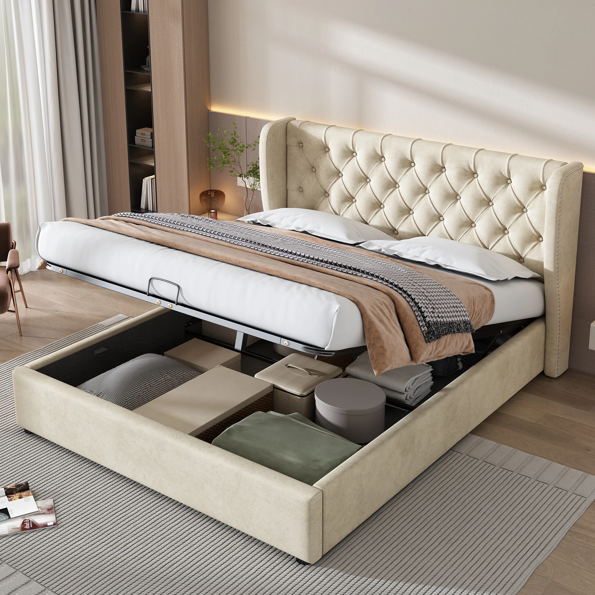Lit coffre 160x200 cm - Lit double avec sommier à lattes et coffre hydraulique - Velours - Sans matelas - Beige