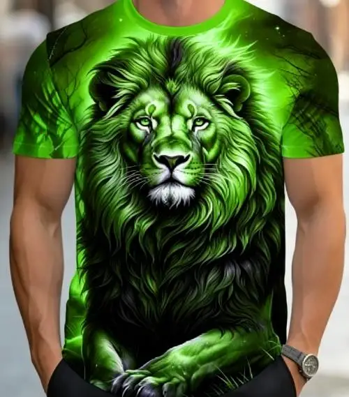 Men Short Sleeve T‑Shirt Mystic Green Lion Wild Animal Jungle Theme Crew Neck Casual Tops
