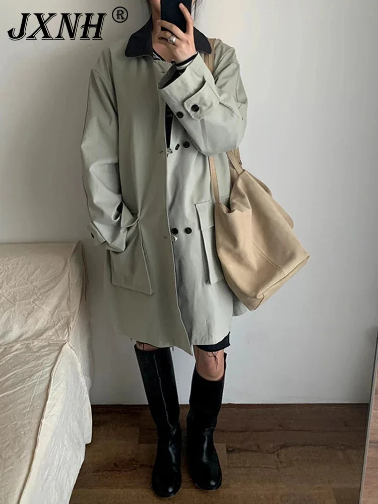 

Khaki Button Big Size Trench Women New Lapel Long Sleeve Loose Fit Windbreaker Fashion Tide Spring Autumn 2024