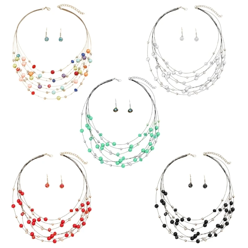 Colorful Bead Necklace and Earring Set Multilayered Pearls Beaded Necklace and Earrings Set with Crystal Embellishment