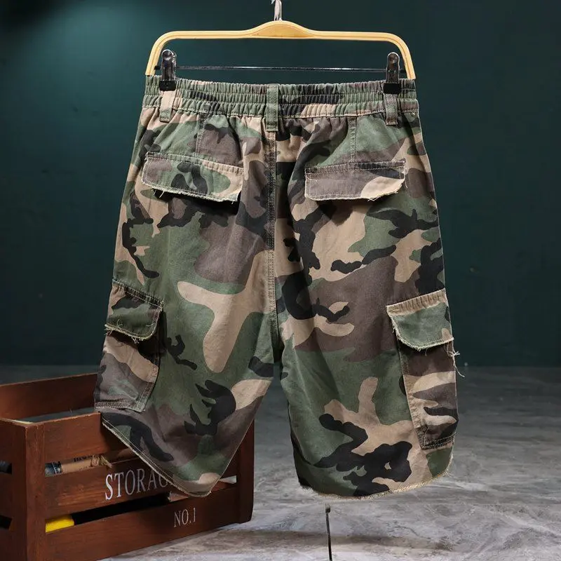 Streetwear Mens Camo Tactical Cargo Shorts Summer Fashion Distressed Ripped Studded Multi-Pocket Casual Work Hiking Shorts Man