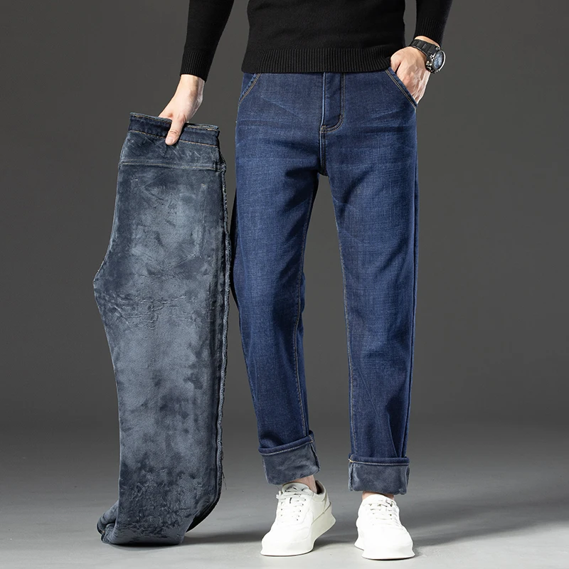High Quality Winter Fleece Lined Thermal Men's Jeans Loose Straight Business Outdoors Denim Pants Flocking Work Trousers Male 40