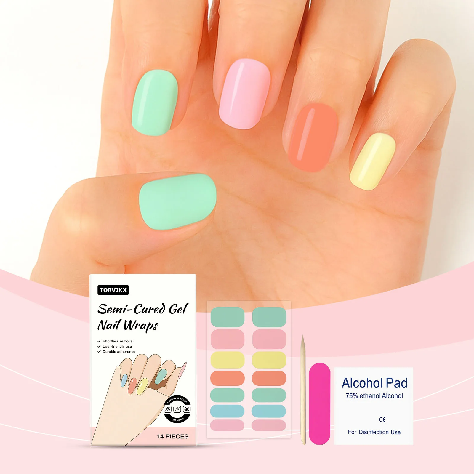 Semi-Cured Gel Nail Wraps, Pastel Multi-Color Nail Stickers, Long Lasting Soft Gel Nail Strips for DIY Home Manicure