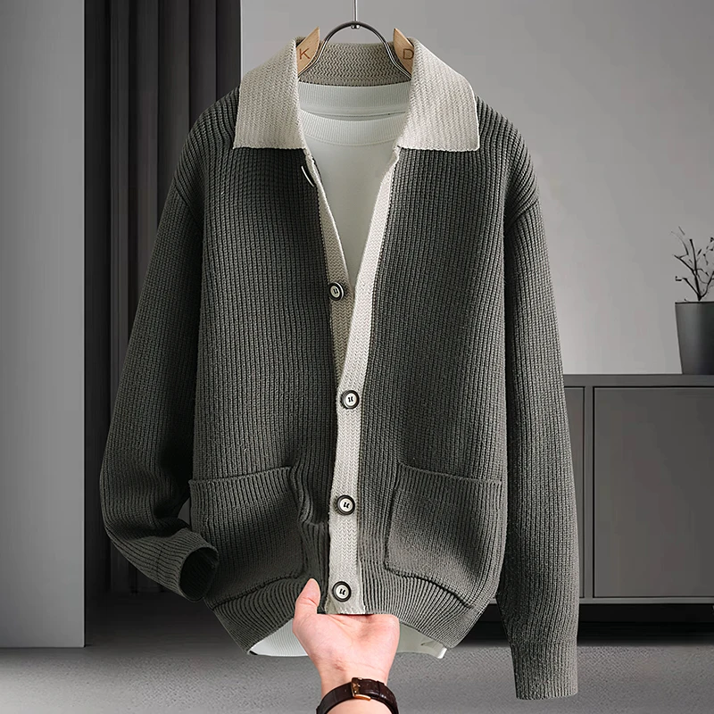

Мужской вязаный кардиган-свитер: новинка весна-осень, мягкая верхняя одежда из полиэстера, повседневный стиль, модный дизайн воротника, длинный рукав