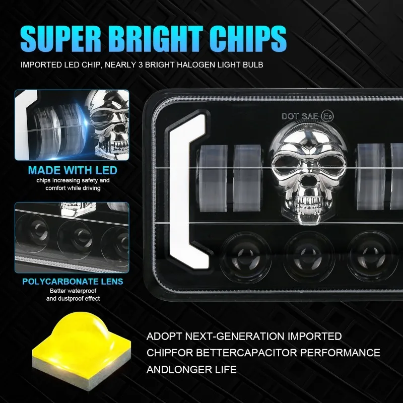 2Pcs LED Headlight 4x6 Inch Colorful Skull Glowing DRL Light For Truck Jeep Chevy Ford 4WD Offroad Headlamp 6000K 150W - view 2