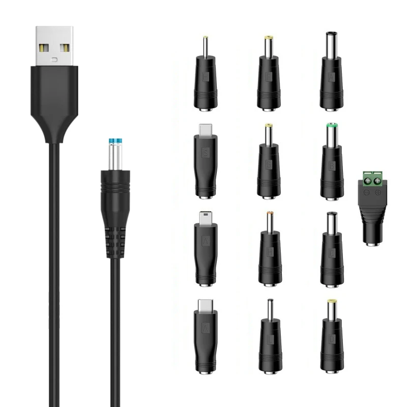 Universal USB to 5V DC Power Cord Switch Charging Cable 5.5x2.1mm Jack With13 Interchangeable Plug Adapter Micro USB Type-C