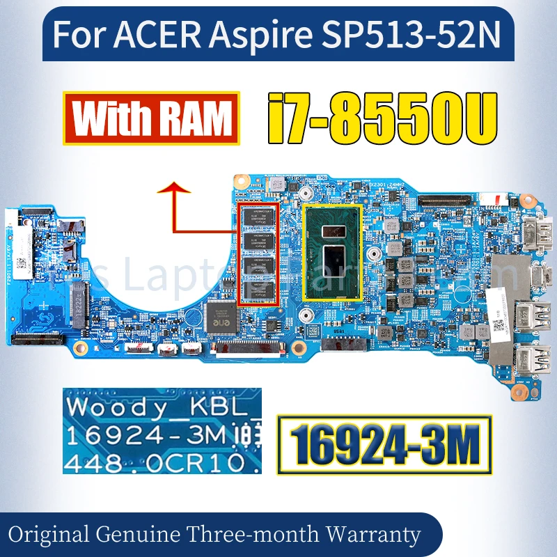 16924-3M For ACER Aspire SP513-52N Laptop Mainboard NBGR71100 SR3LC i7-8550U With RAM Notebook Motherboard 100％ Tested