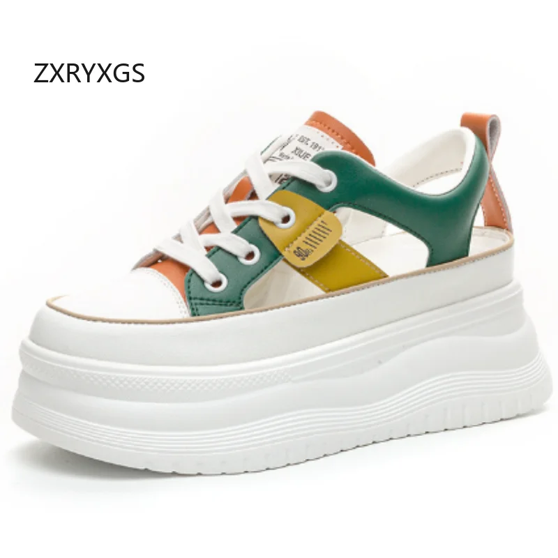 ZXRYXGS 2026 New Cow Leather Hollow Breathable Summer Sneaker Women Sandals Platform Shoes Increase Sandals Fashion Casual Shoes