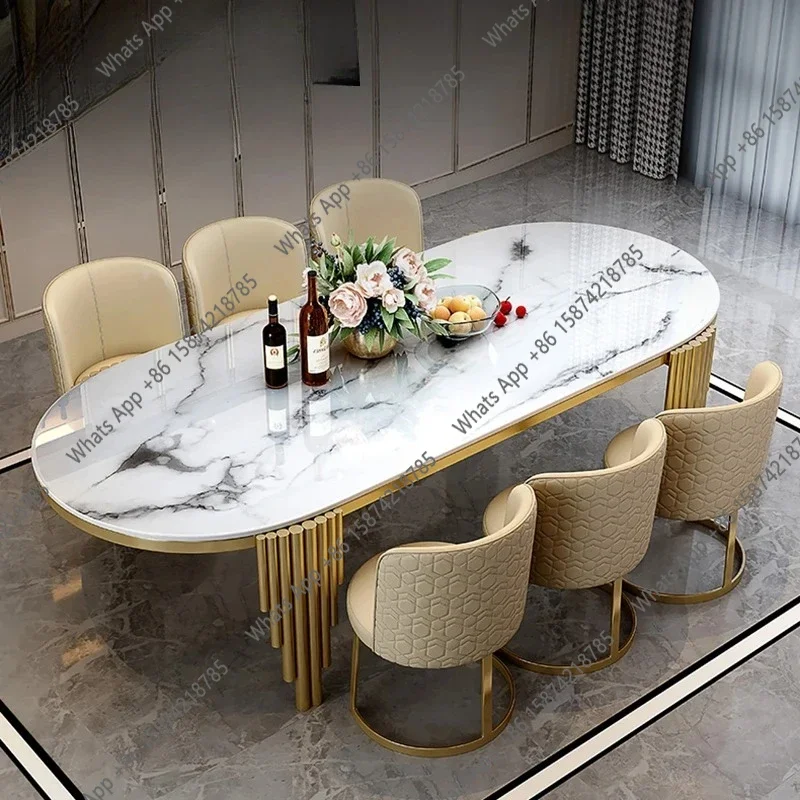 X Ellipses Marble Dining Room Gold Stainless Steel Leg Seats 6-8 People Dining Table X