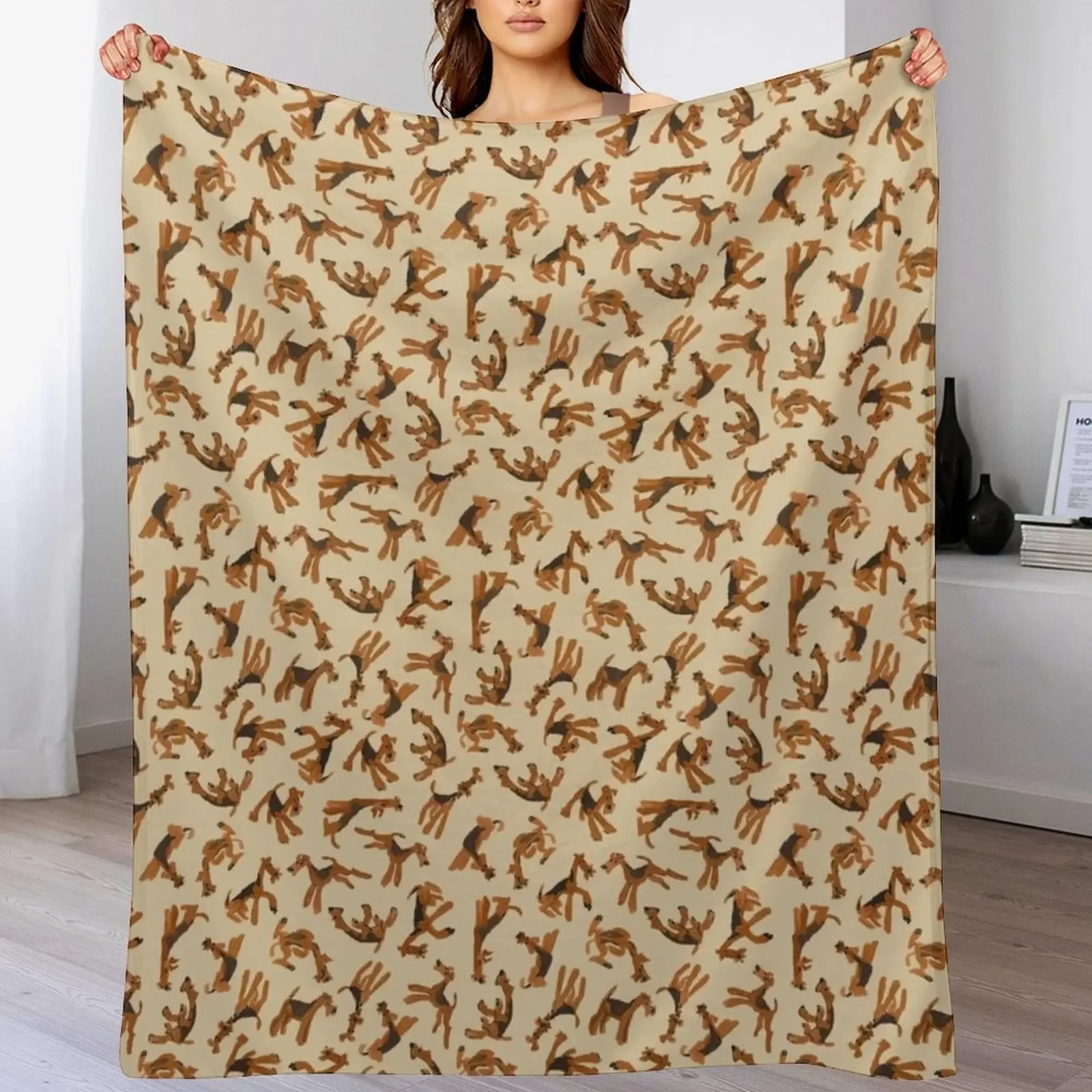 A Romp of Airedales on Tan Throw Blanket Travel Size Cozy Blanket for Plane Train