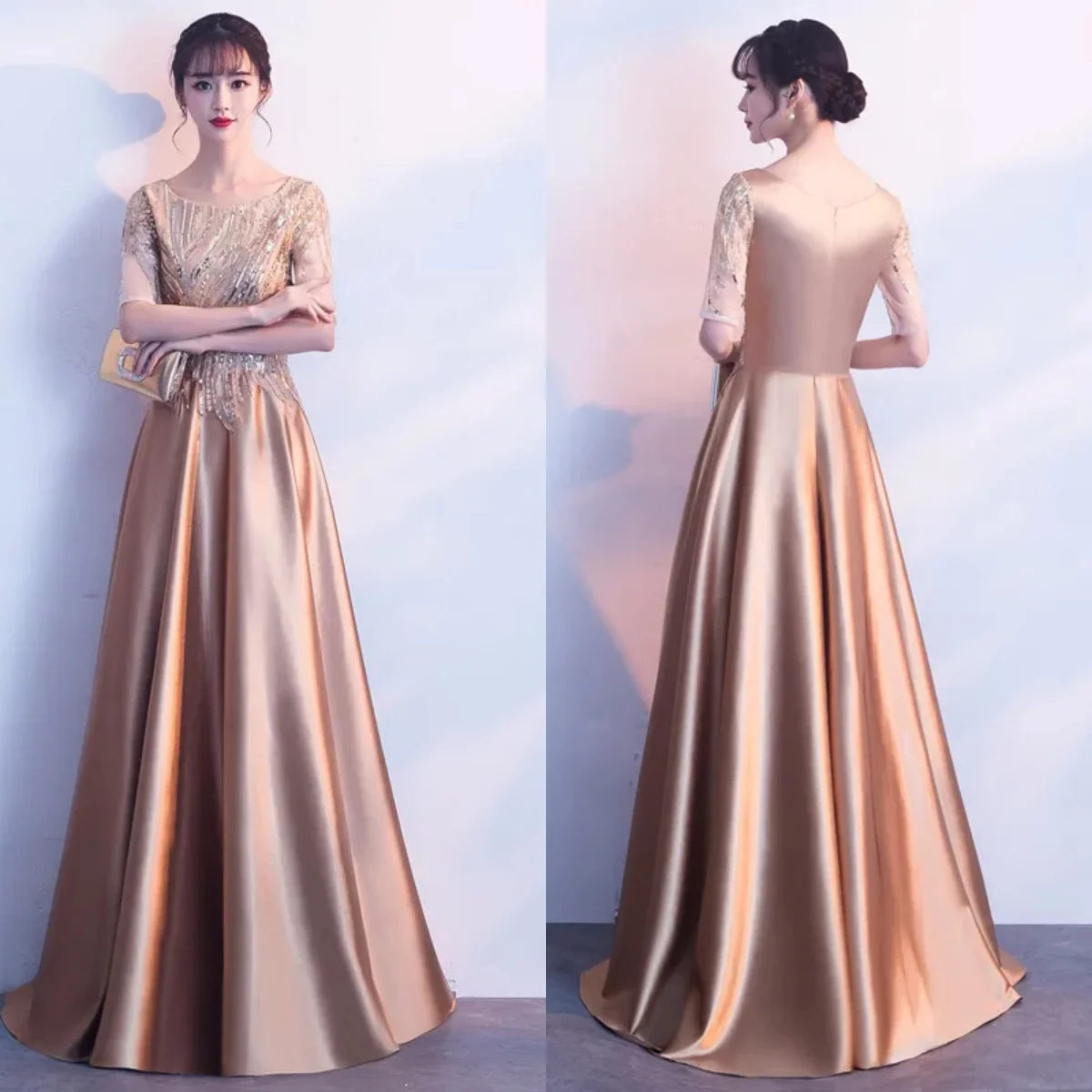 Evening Dress Gold Sequins Satin Shiny O-neck Short Sleeves Robe De Soiree A-line Floor Length Plus size Women Party Formal Gown