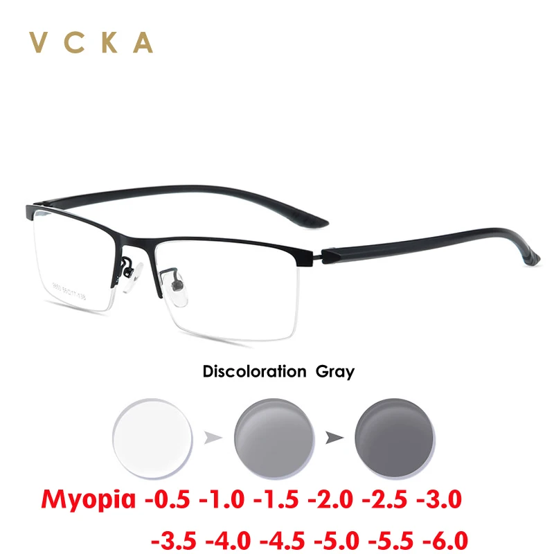 VCKA Men Business Myopia Prescription Glasses Alloy Half Frame Photochromic Anti Blue Ray Shortsighted Spectacles -0.5 TO -10