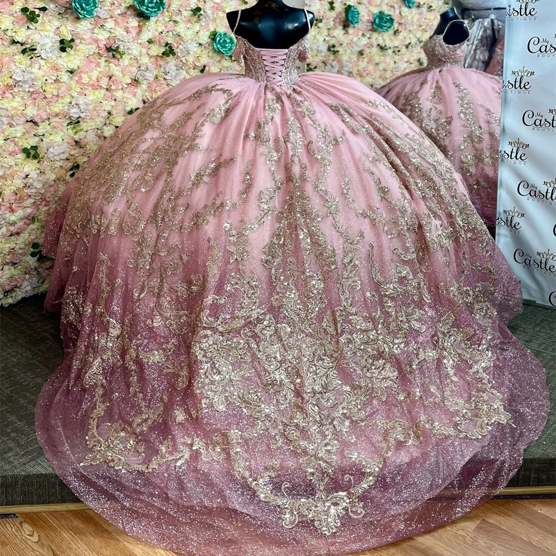 Pink Shining Quinceanera Dresses Spaghetti Strap Ball Gown Birthday Party Vestidos 15 Anos Gold Applique Lace Beads Princess