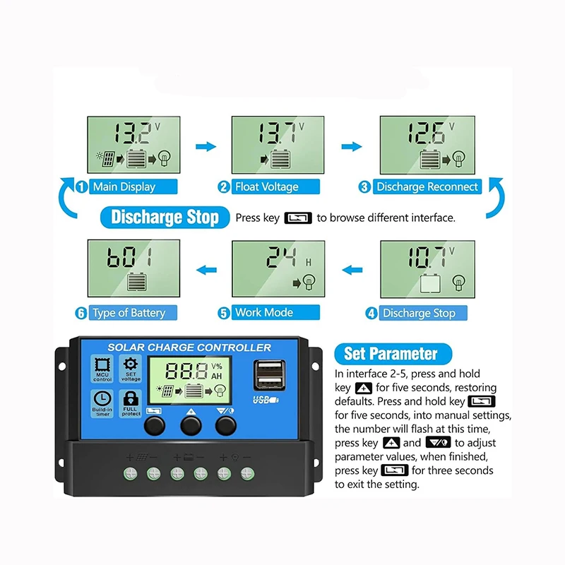 Controlador de carga solar 20A 30A PWM 12V / 24V con USB dual