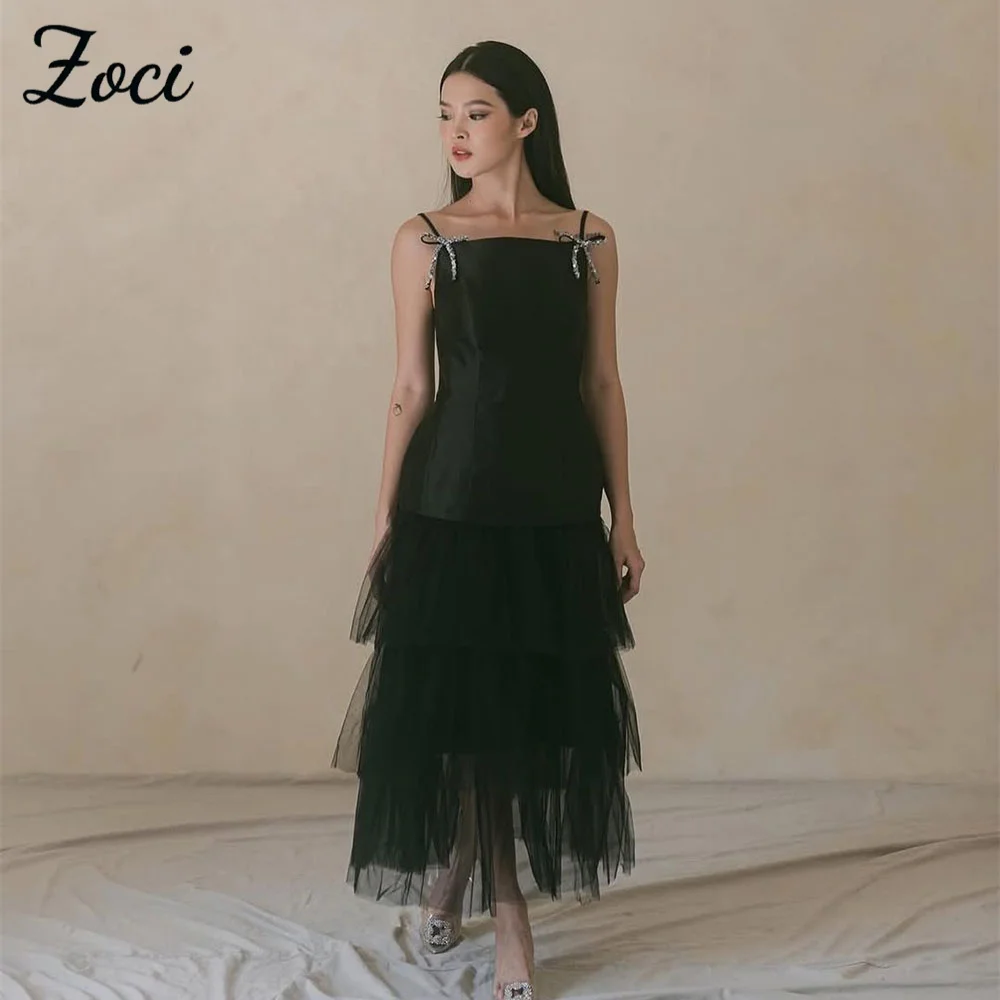 

Zoci Black Satin Tulle Korea Wedding Dresses Spaghetti Straps Tiered Customized Photos Shoot Dress A Line Bride Reception Dress