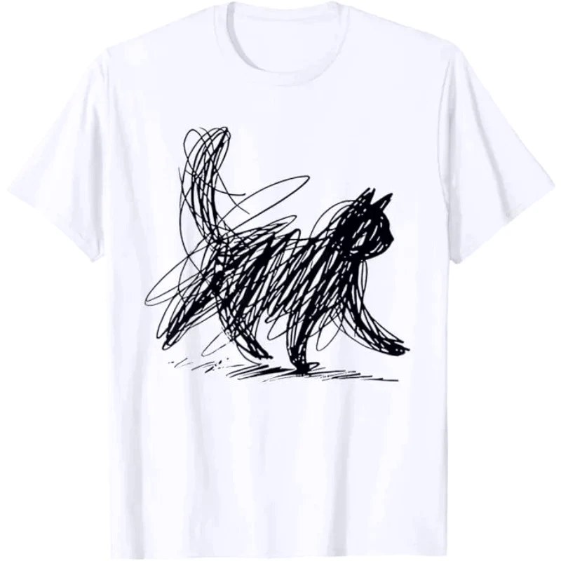 Trendiges Streetwear Minimalistisches Katzen-Kunst-T-Shirt für Damen, Lustiges Freizeit-Shirt, Sommer-Humor Kurzarm-T-Shirt, Geschenk für Katzenliebhaber, Vintage Y2k Top