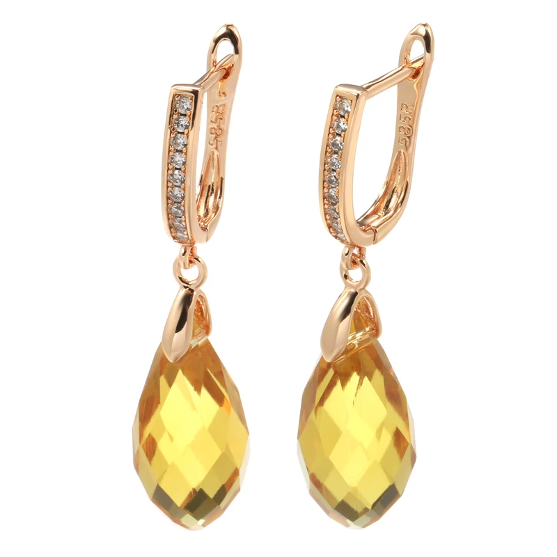 SYOUJYO Luxury Shiny Pendant Earrings 585 Rose Gold Color Natural Yellow Water Drop Zircon Inlay Wedding Party Fashion Jewelry