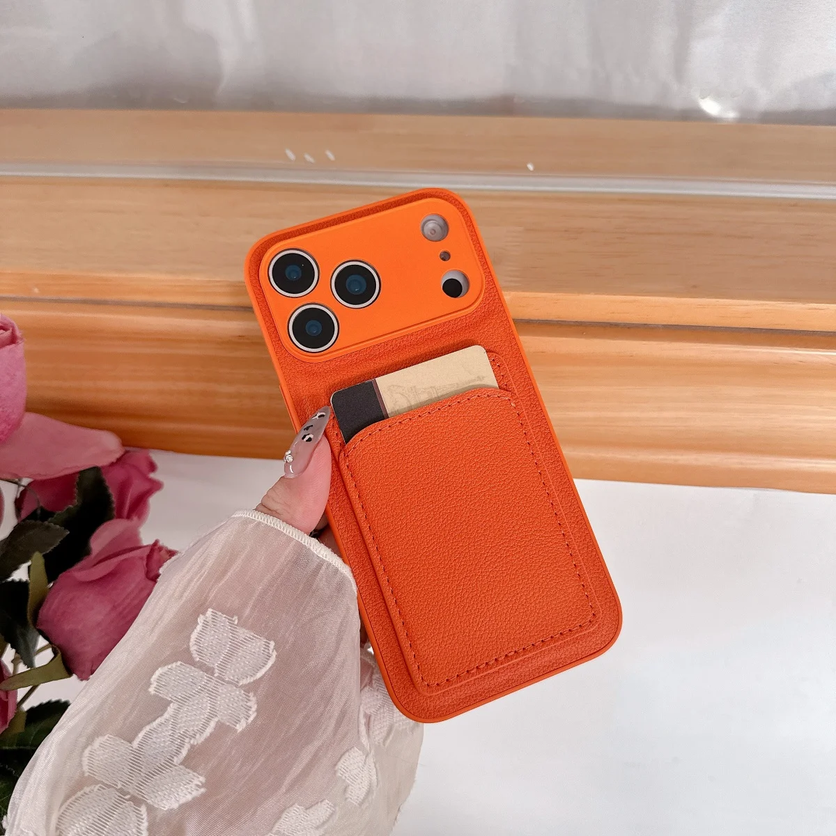 Leather Orange Color Card Holder Case For iPhone 17 Air 16 E 15 14 13 12 Mini 11 Pro X XR XS Max 7 8 Plus SE Wallet Pocket Cover view 3