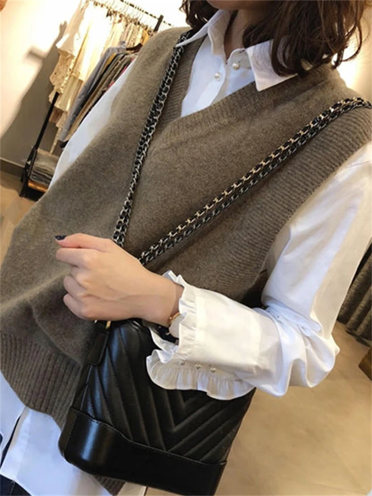 Pullover Vest Sweater Autumn Winter Knitted Women Sweaters Vest Sleeveless Warm Sweater Casual Oversize Fall V Neck Girls Tops