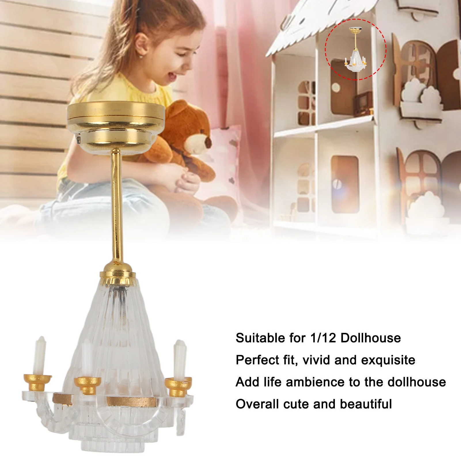 Mini-Deckenleuchte für Mädchen, Puppenhaus-Dekorationszubehör mit 5 LED-Kerzen, Miniatur-Kronleuchter im Maßstab 1:12, lebendige Dekoration